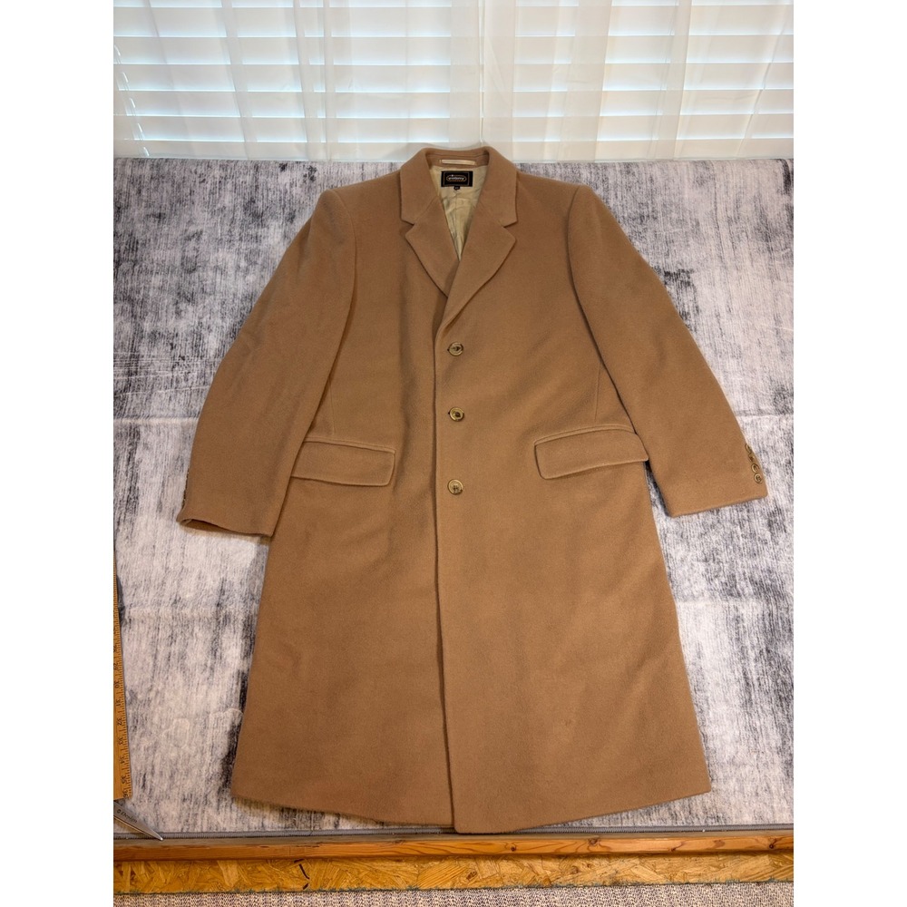 Virany Mens Tan Wool Blend Overcoat Long Trench Coat Size 44 Made in Hungary